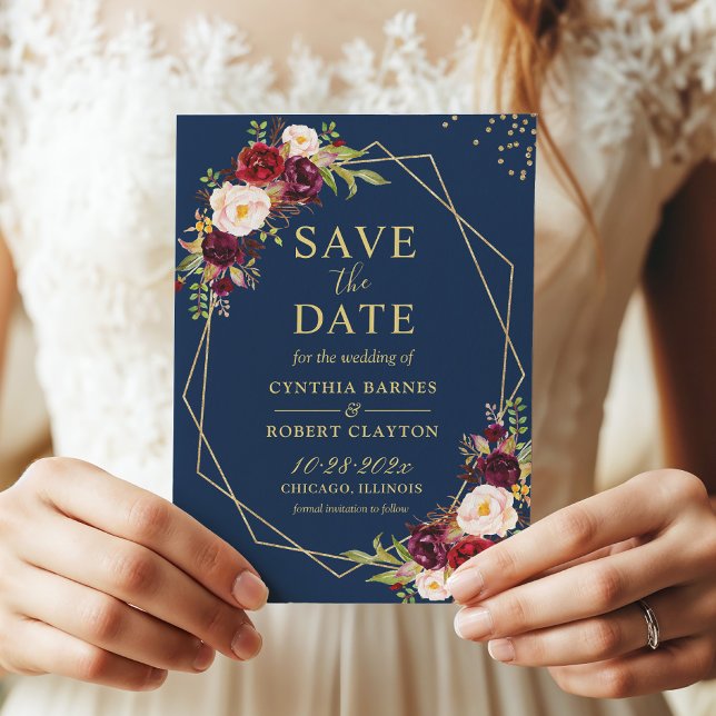 Burgundy Marsala Floral Navy Blue Gold Geometric Save The Date (Creator Uploaded)