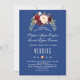 Burgundy Marsala Floral Navy Blue Wedding Invitation