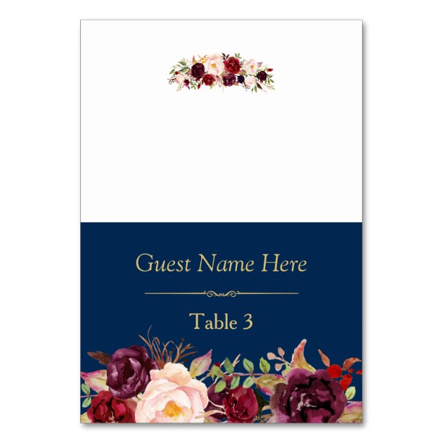 Burgundy Marsala Floral Navy Blue Wedding Place Card