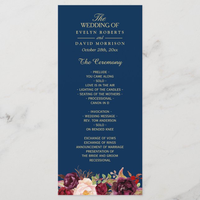 Burgundy Marsala Floral Navy Blue Wedding Program (Front)