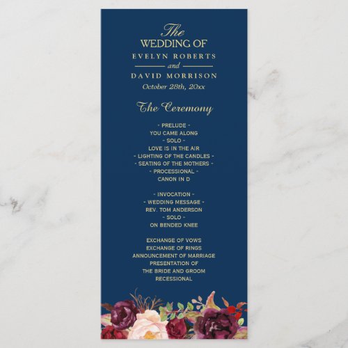 Burgundy Marsala Floral Navy Blue Wedding Program