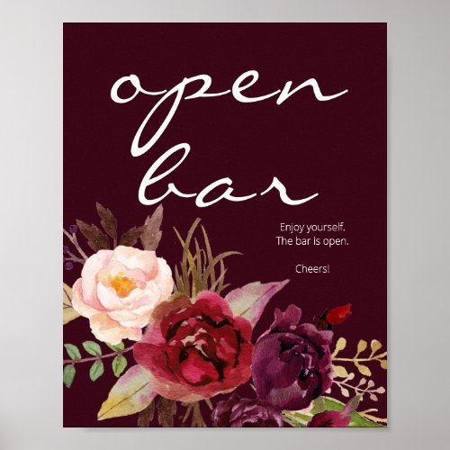 Burgundy Marsala Floral Open Bar Sign Burgundy