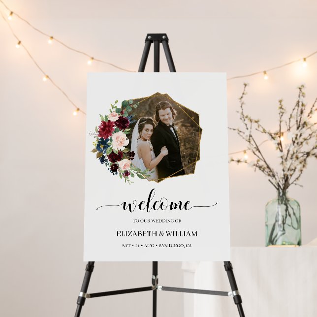 Burgundy Marsala Floral Photo Wedding Welcome Sign (In Situ (Stand))