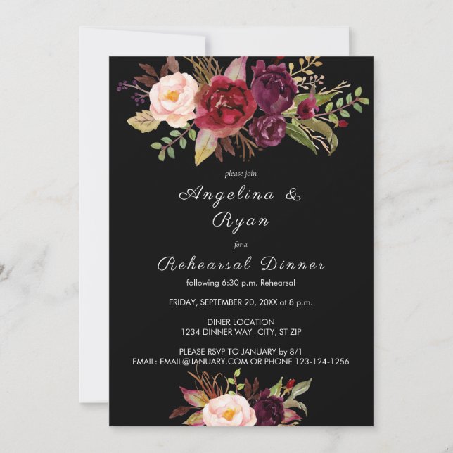 Burgundy Marsala Floral Rehearsal Dinner - Black Invitation (Front)