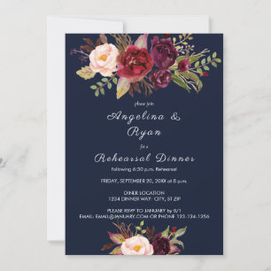 Burgundy Marsala Floral Rehearsal Dinner - Navy Invitation