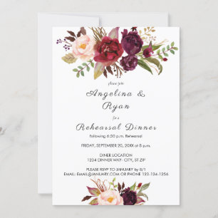 Burgundy Marsala Floral Rehearsal Dinner White Invitation