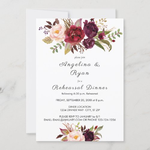 Burgundy Marsala Floral Rehearsal Dinner White Invitation