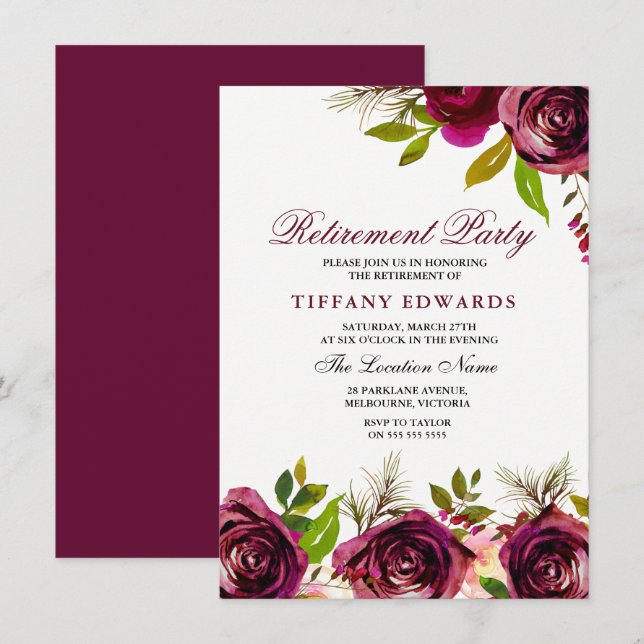 Burgundy Marsala Floral Retirement Party Invite (Front/Back)
