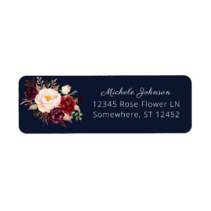 Burgundy Marsala Floral Return Address 2 Navy Label