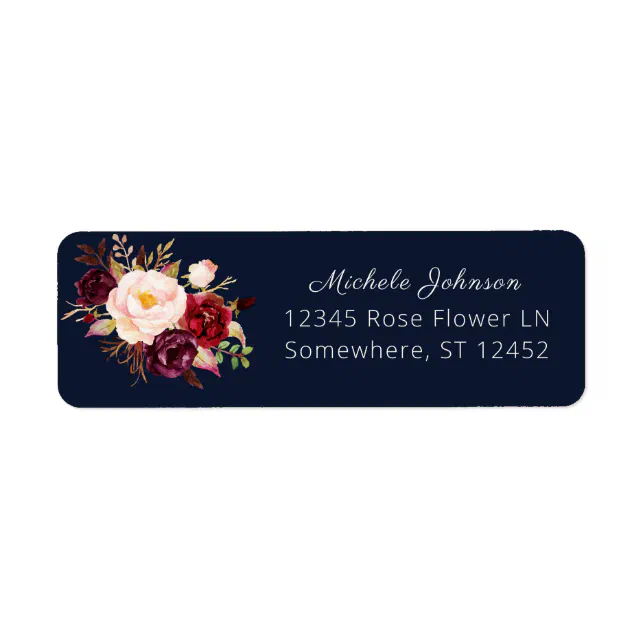 Burgundy Marsala Floral Return Address 2 Navy Label | Zazzle