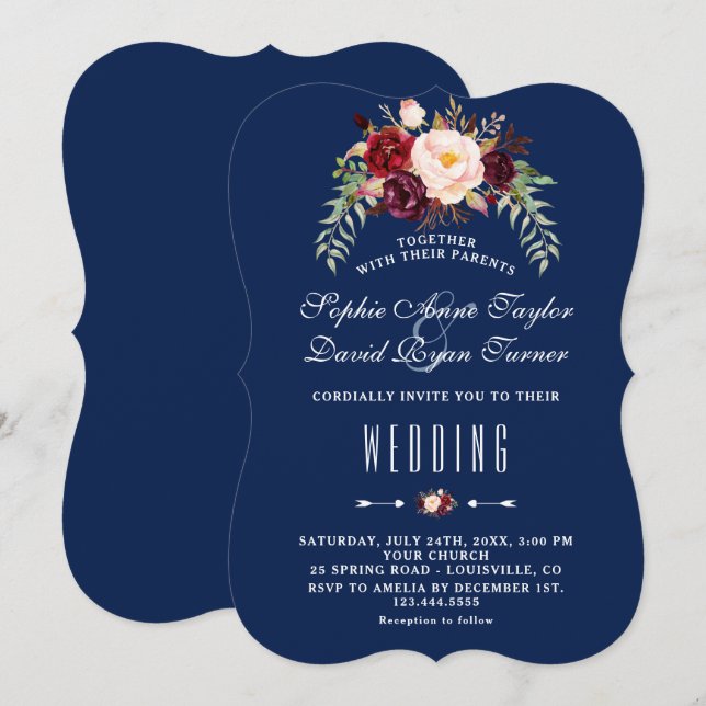 Burgundy Marsala Floral Royal Navy Blue Wedding Invitation (Front/Back)