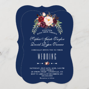 Burgundy Marsala Floral Royal Navy Blue Wedding Invitation