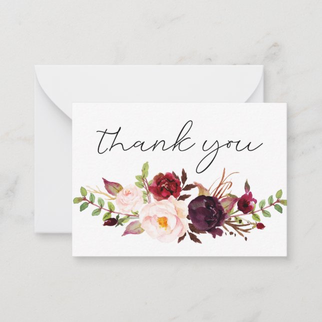 Burgundy Marsala Floral Small Thank You White Note Card (Front)