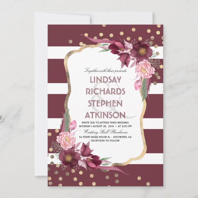 Burgundy Marsala Floral Stripes and Gold Wedding Invitation (Front)