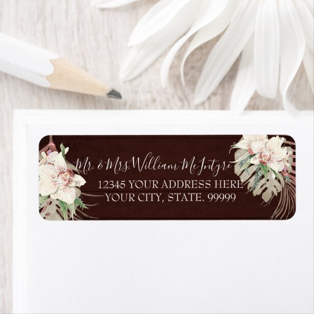 Burgundy Marsala Floral Tropical Foliage Wedding Label (Insitu)