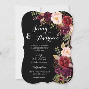Burgundy Marsala Floral Wedding 2 Black Invitation