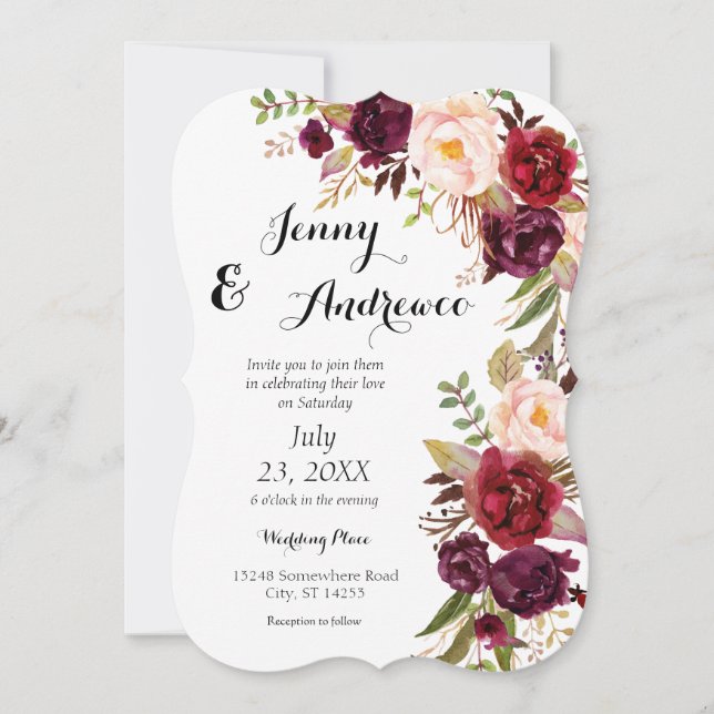 Burgundy Marsala Floral Wedding 2 White Invitation (Front)