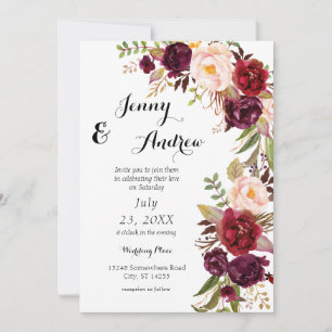 Burgundy Marsala Floral Wedding 3 White Invitation
