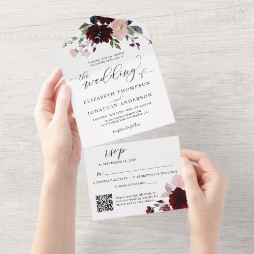 Burgundy Marsala Floral Wedding Details QR RSVP All In One Invitation