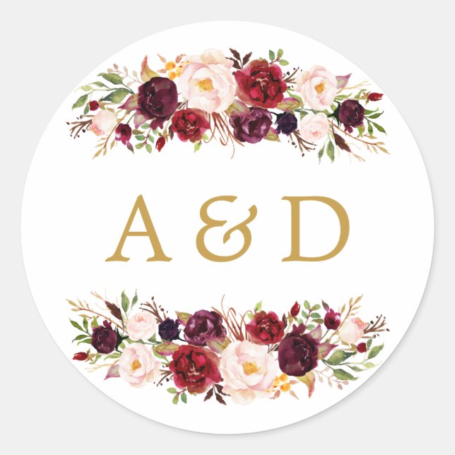 Burgundy Marsala Floral Wedding Favor Sticker (Front)