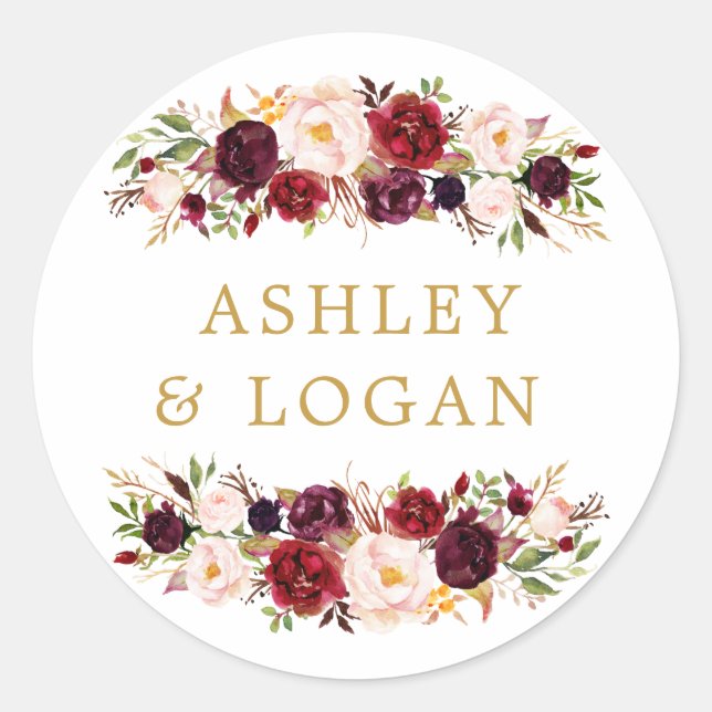 Burgundy Marsala Floral Wedding Favor Sticker (Front)