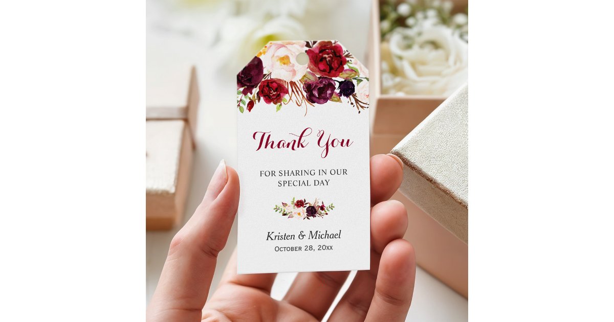 Burgundy Marsala Floral Wedding Favor Thank You Gift Tags | Zazzle
