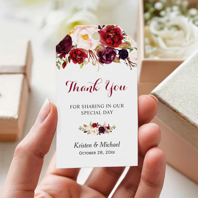 Burgundy Marsala Floral Wedding Favor Thank You Gift Tags | Zazzle