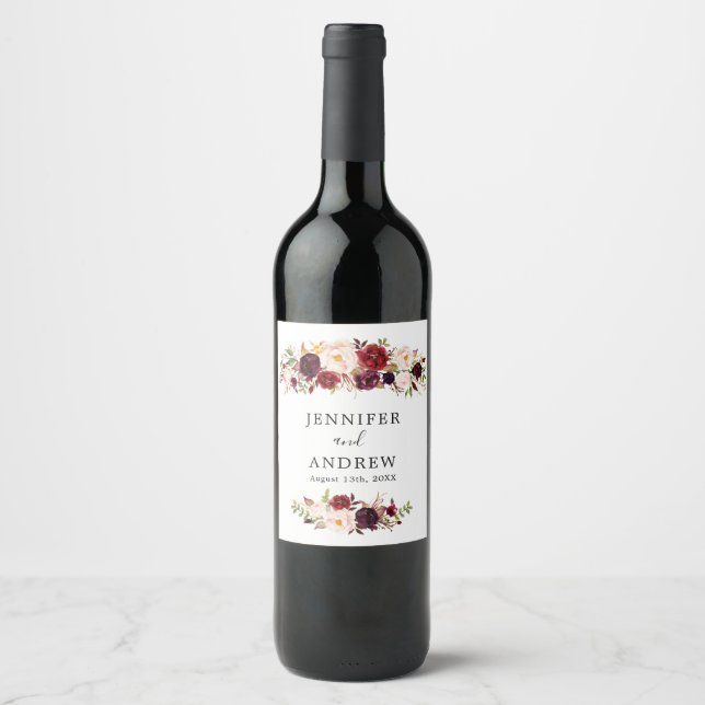 Burgundy Marsala Floral Wedding Favor Wine Label (Front)