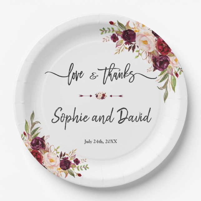 Burgundy Marsala Floral Wedding Love and Thanks Paper Plates (Front)