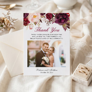 Burgundy Marsala Floral Wedding Photo Thank You Card
