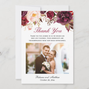 Burgundy Marsala Floral Wedding Photo Thank You Card