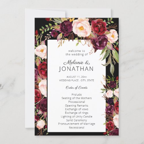 Burgundy Marsala Floral Wedding Program Black