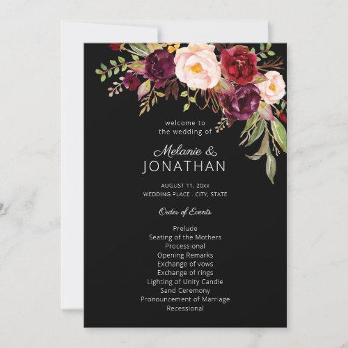 Burgundy Marsala Floral Wedding Program Black V2