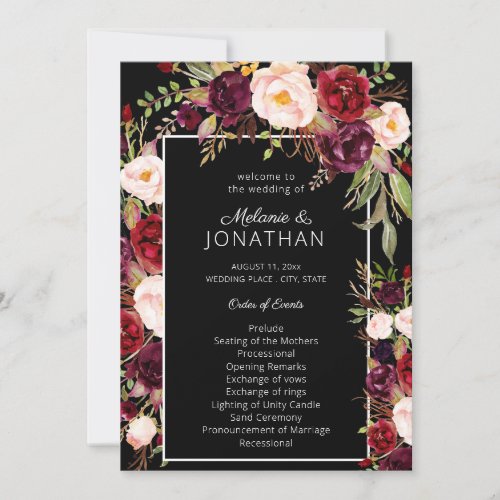 Burgundy Marsala Floral Wedding Program Black V3