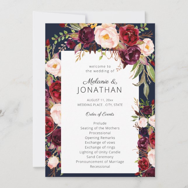 Burgundy Marsala Floral Wedding Program Navy (Front)