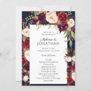 Burgundy Marsala Floral Wedding Program Navy