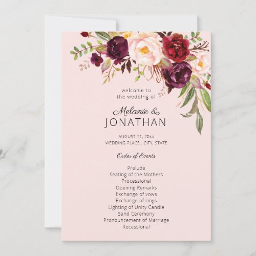 Burgundy Marsala Floral Wedding Program Pink V2