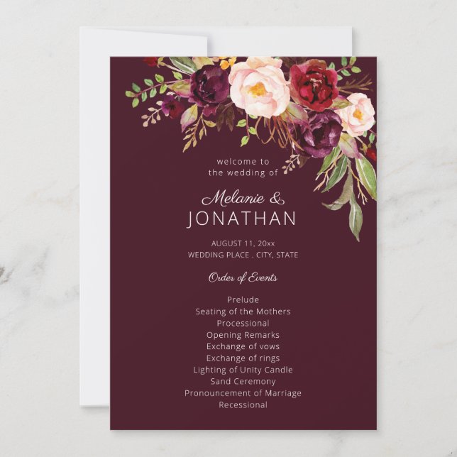 Burgundy Marsala Floral Wedding Program V2 (Front)