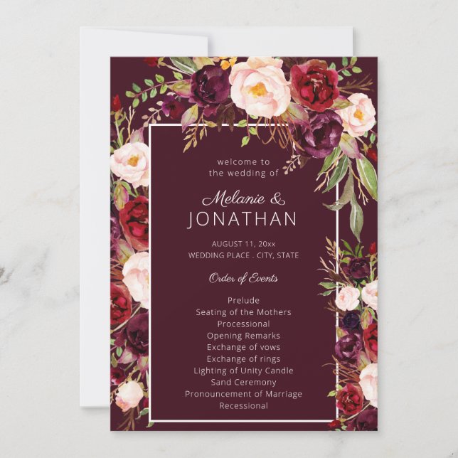 Burgundy Marsala Floral Wedding Program V3 (Front)