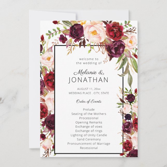Burgundy Marsala Floral Wedding Program White (Front)