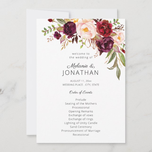 Burgundy Marsala Floral Wedding Program White V2 (Front)