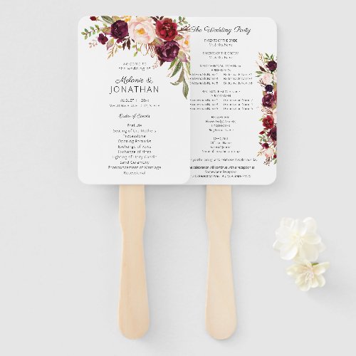 Burgundy Marsala Floral Wedding Program White V2 Hand Fan