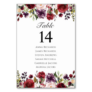 Burgundy Marsala Floral Wedding Reception Seating Table Number