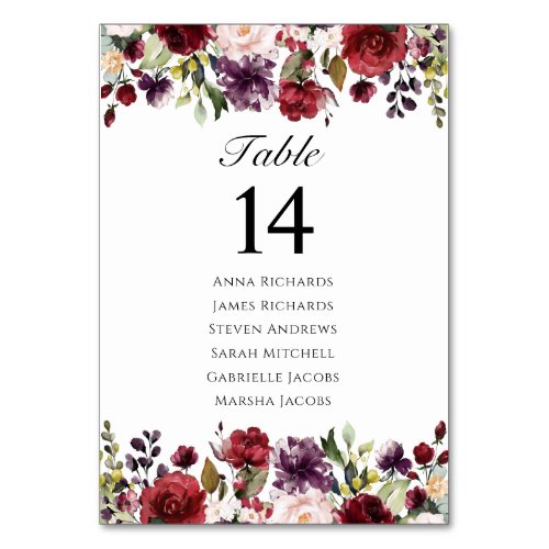 Burgundy Marsala Floral Wedding Reception Seating Table Number