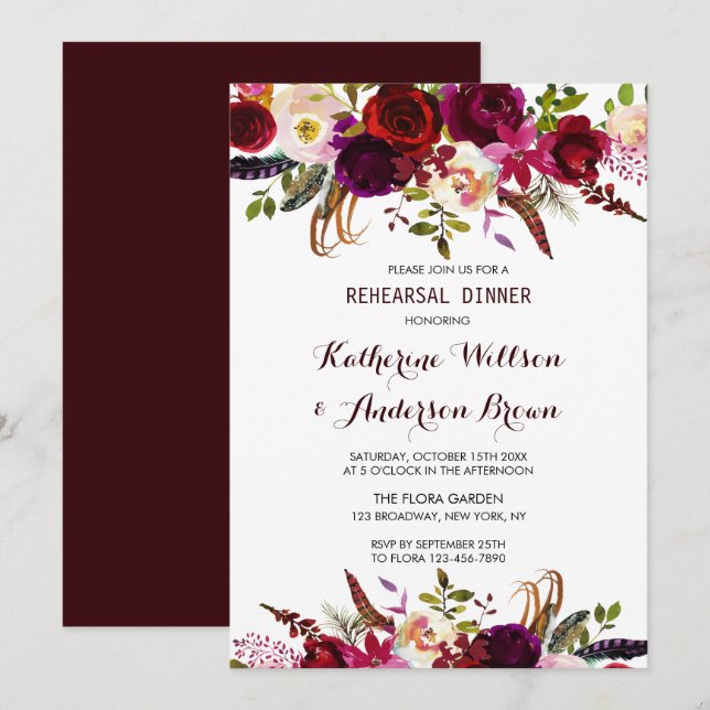 Burgundy Marsala Floral Wedding Rehearsal Dinner Invitation (Front/Back)
