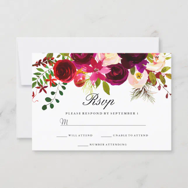 Burgundy Marsala Floral Wedding RSVP | Zazzle