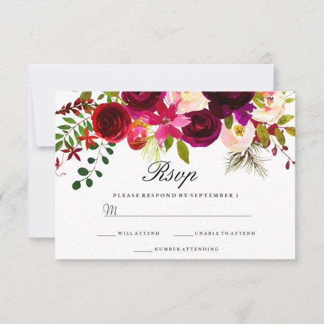 Burgundy Marsala Floral Wedding RSVP Card (Front)