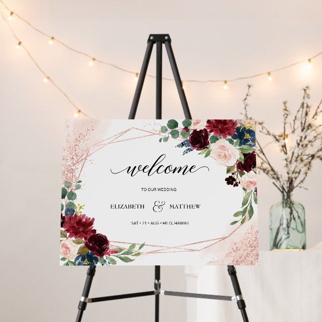 Burgundy Marsala Floral Wedding Welcome Sign (In Situ (Stand))