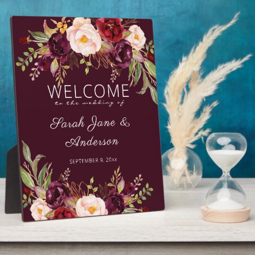 Burgundy Marsala Floral Welcome Sign _ Burgundy Plaque