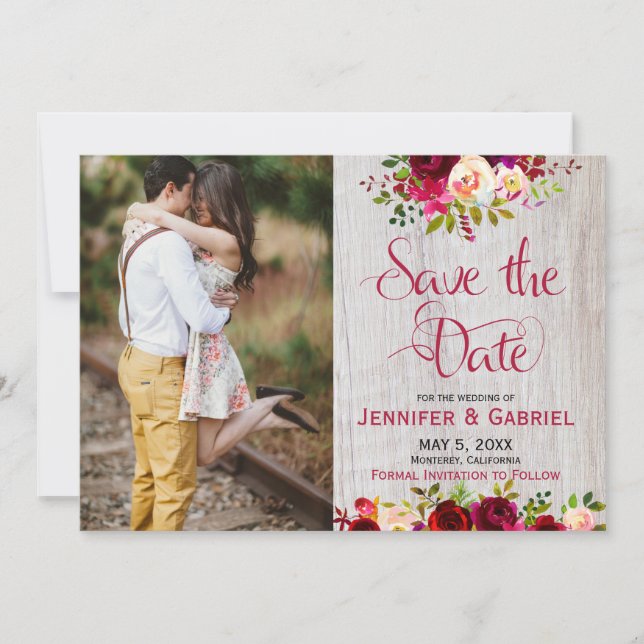 Burgundy Marsala Floral Wood Save the Date Photo (Front)
